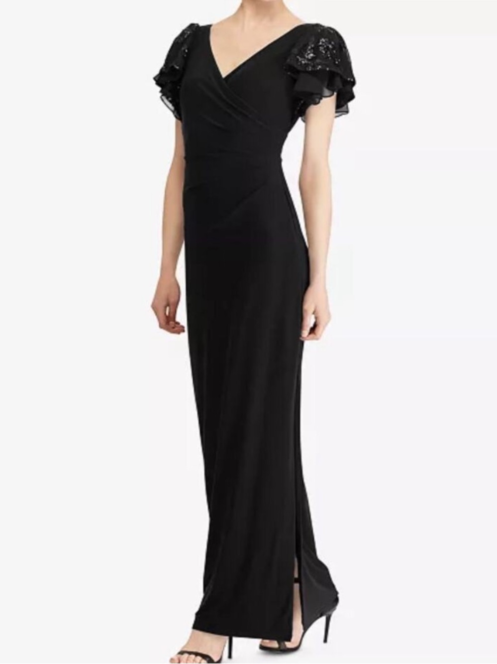 Lauren Ralph Lauren Black V-Neck Maxi Dress with Sequin Ruffle Sleeves